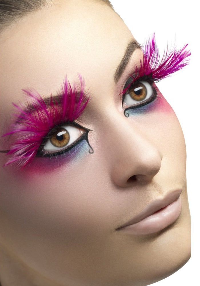 Party Eyelashes - Long Pink With Plume Feathers