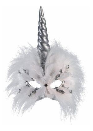 Unicorn Mask with Feathers - White & Silver (Adult)