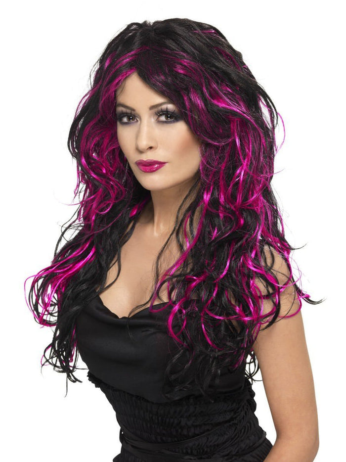 Gothic Bride Wig - Black with Long Pink Streaks (Adult)
