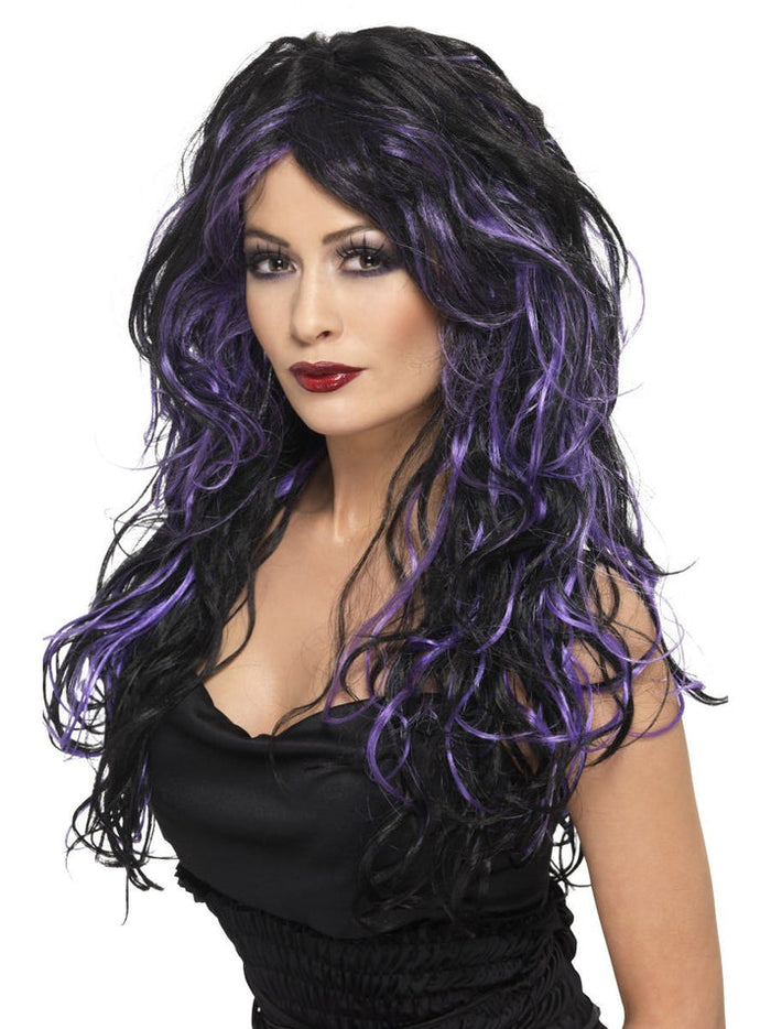 Gothic Bride Wig - Black with Long Purple Streaks (Adult)