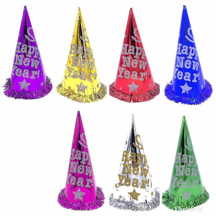 "Happy New Year" Tinsel & Glitter Cone Hat - Assorted Colours