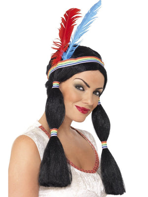 Native American Princess Wig - Black with Feather Headband (Adult)