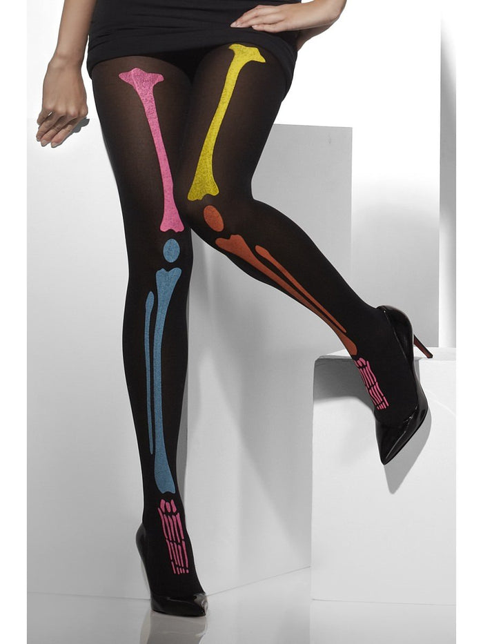 Neon Skeleton Print Tights - Black (Adult)
