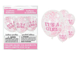 Clear "Its A Girl" Latex Balloons With Pink Confetti - 12" (Pack of 6)