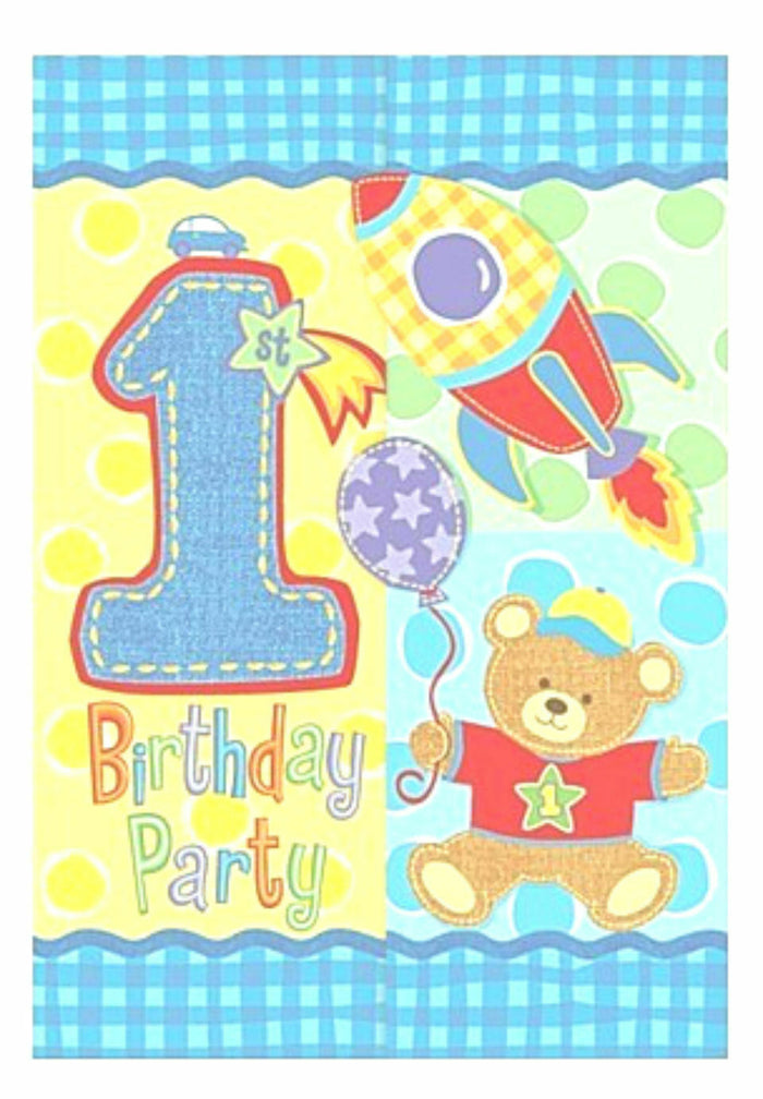 Boys Hugs & Stitches 1st Birthday Die-Cut Folded Invitations - Pack of 8