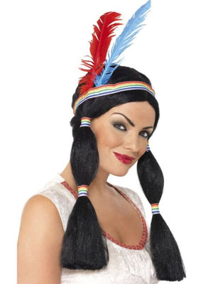 Native American Indian Princess Wig - Black with Feather Headband (Adult)