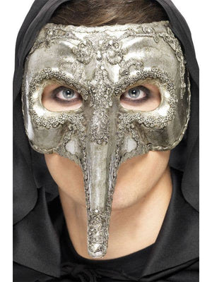 Luxury Venetian Capitano Mask - Silver