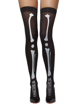 Opaque Halloween Hold-Ups with Skeleton Print - Black (Adult)